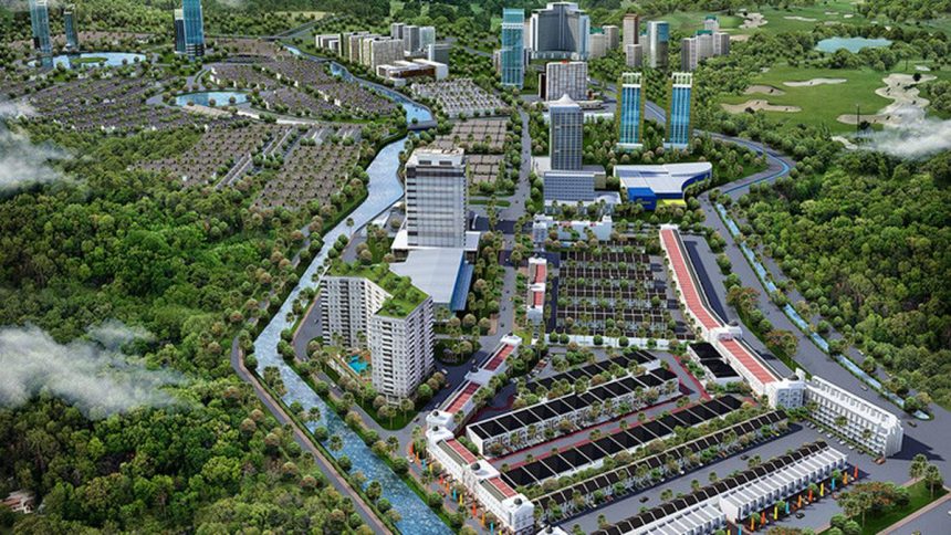 Foto udara masterplan 3D lanskap tata ruang kota mandiri berkelanjutan dikelilingi hutan hijau asri dan gedung modern di PIK 2 Banten